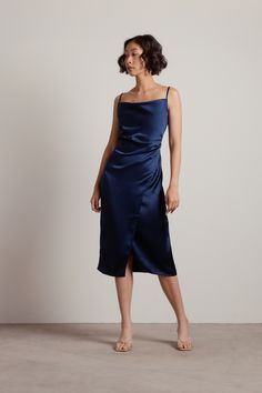 Blue Midi Dress - Satin Dress With Cowl Neck - Navy Slip Dress Dark Blue Midi Dress, Red Hoco Dresses, Dark Blue Bridesmaid Dresses, Satin Dress Outfit, Blue Slip Dress, Navy Blue Cocktail Dress, Light Blue Prom Dress, Ginger Dress, Slip Midi Dress