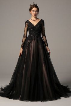 Black Wedding Dresses | Cocomelody® A Line Maxi Dress, Applique Wedding Dress, Long Sleeve Gown, Evening Dress Fashion, Princess Wedding Dresses, Gothic Wedding, Black Wedding Dresses