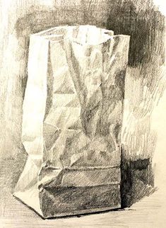 a pencil drawing of a paper bag