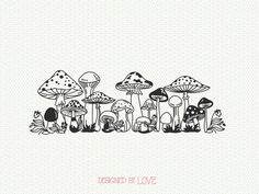 a group of mushrooms with the words friend by love written in black ink on a white background