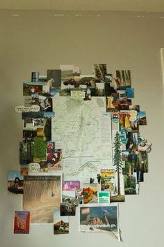 a bulletin board covered in pictures and magnets on the wall next to a door