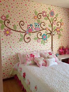 Adorable children's room decor...love the mural on the wall! So cute Owl Room, Girl Bedroom Designs, Bedroom Themes, Bed Room, Kids' Room, Kids Decor, New Room