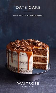 a cake with salted honey caramel is on a plate and has the title date cake