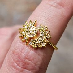 Crescent Moon Star Sun Golden Diamond Ring Adjustable Band One Size Fits All Lab Created Stones, Clear Crystal Gemstones. Ring Is Made From Metal Alloy, Gold In Appearance. Adjustable Band, One Size Fits All. A Beautiful Ring! Adjustable, Midi Ring, Adorable, Antique, Attention-Getting, Beautiful, Bejeweled, Bold, Brilliant, Casual, Charming, Chic, Classic, Clustered, Colorful, Contemporary, Cool, Costume, Cute, Dainty, Distinctive, Edgy, Elegant, Intricate, Iridescent, Jewel-Tone, Lovely, Marqu Golden Diamond Ring, Golden Diamond, Crescent Moon Ring, Galaxy Ring, Gold Jewellry, Moon And Star Ring, Blue Diamond Ring, Wedding Rings Halo, Midi Ring