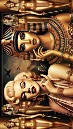 a painting of two women in gold and black