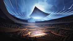 an artist's rendering of the interior of a concert hall with people on stage