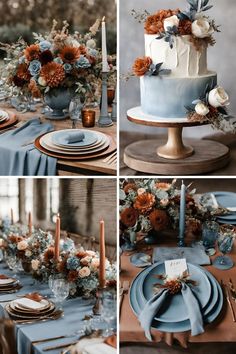 the table is set with blue and orange flowers, candles, plates and napkins