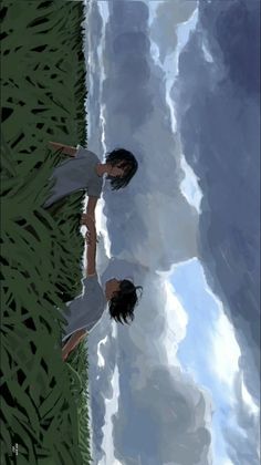 two girls are standing in the grass with their arms around each other