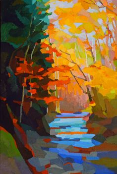 an oil painting of a river surrounded by trees in the fall with leaves turning colors