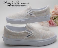 "Beautiful and Romantic wedding  sneakers is a perfect accessory for your Special day.. These White Slip On Authentic Vans , are covered with Champagne Lace .  Handmade to order, so please allow me enough time before your wedding date. Orders are processed and shipped within 6-7 WEEKS of payment., large orders, may take longer ..Please allow 2-5 days additional and Domestic Shipping will take 2-5 Business days.  RUSH ORDERS ARE AVAILABLE **Please read all \"shop policies\" before placing your or Vans Wedding, Lace Vans, Sneakers For Bride, Sneakers Wedding, Wedding Vans, Wedding Platform, Wedding Sneakers, Authentic Vans, Champagne Wedding