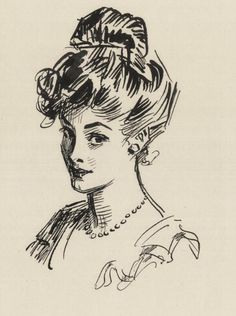 a black and white drawing of a woman's head with her hair in a bun