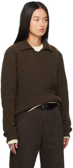 Rib-knit wool sweater. · Spread collar · Dropped shoulders Supplier color: Dark brown Knit Sweater Outfit, Knit Sweaters, Chic Sweaters, Collar Sweater, 2024 Fashion, Wool Sweater, Knitwear Women, Wool Sweaters, Sweater Outfits