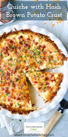 a quiche with hash brown potato crust on a white plate next to a knife