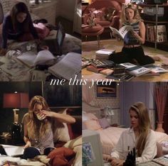 four different pictures of the same person sitting on a bed with books and papers in front of them