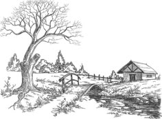 a black and white drawing of a house next to a river with a bridge over it