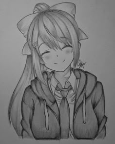 a pencil drawing of a girl with long hair wearing a bow tie and hoodie