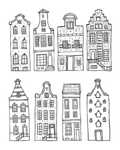 hand drawn houses with windows and balconies