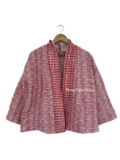 Cotton Quilt Kantha Short Jacket  Kimono coat For Women Red Wifi Top Outwear Casual Red Outerwear With Stand Collar, Red Stand Collar Blazer For Winter, Red Long Sleeve Outerwear With Pockets, Red Long Sleeve Blazer For Winter, Red Cotton Outerwear For Fall, Red Cotton Long Sleeve Outerwear, Red Cotton Blazer For Winter, Red Cotton Blazer For Spring, Red Cotton Outerwear For Spring