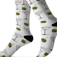 Unique Martini Gift - Looking for a Gift that Stands Out? This is an Excellent Gift for Any Martini Lover, Martini Drinker, Funky Sock or Fun Sock Collector or Someone Who Simply Enjoys a Touch of Fun & Laughter in Their Life. These Martini Imaged Sublimation Socks are an Excellent Choice high-quality socks with sublimated print provide optimum comfort with style wherever one might go - a subtle accent to complement an office look or an eye-catching statement for a fun outfit.  .: 95% Polyester, 5% Spandex .: 3 different sizes .: Ribbed tube .: Cushioned bottoms .: NB! Printed with flat sublimation method. Color discrepancy can be seen on side seams Sublimation Socks, Fun Office, Funky Socks, Fun Socks, Cool Office, Cool Socks, Socks And Hosiery, The Collector, Martini