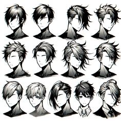 an anime character's hair styles are shown in black and white, with different angles