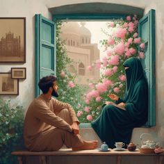 a man sitting on a window sill next to a woman in a hijab