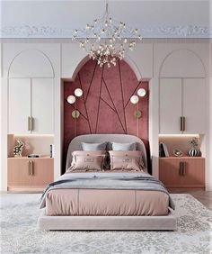 a large bed sitting in a bedroom next to a chandelier and two nightstands