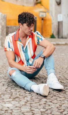 Ripped Denim Outfit, Cuban Collar Shirt, Striped Shirt Men, Cuban Shirts, Collar Shirt Men, Men Fashion Casual Shirts, Smart Casual Outfit, Photography Poses For Men, Tshirt Outfits