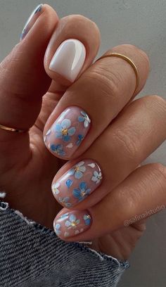 Blue Gel Nails, Flower Nail Designs, Colorful Nails, Silver Nails, Chic Nails, Flower Nails, Nails Nail