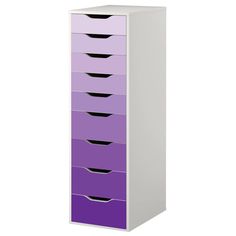 a tall purple and white cabinet with drawers on it's sides, against a white background