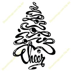 a black and white christmas tree with the word cheer written in cursive writing