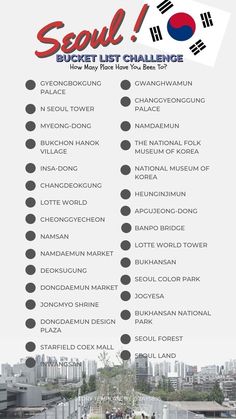 an advertisement for seoul bucket list challenge with the words seoul in red, white and blue