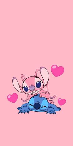 two cartoon animals sitting next to each other on a pink background with hearts around them