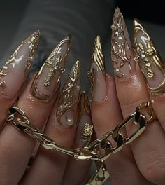 Grunge Nails, Gold Nail, Girly Acrylic Nails