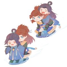 three people riding on sleds down a snow covered slope with one person holding the other