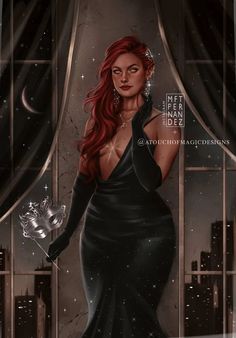 a painting of a woman in a black dress with red hair and diamond jewelry on her neck