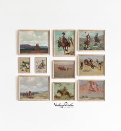 six framed paintings of cowboys on horseback and horses in the desert, each with an individual's name