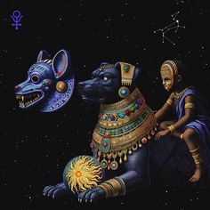 a painting of an egyptian god riding on the back of a black dog in space