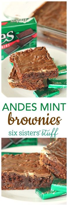 chocolate brownies are stacked on top of each other with the words, andes mini brownies six sisters stuff