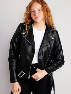 Faux-Leather Belted Biker Jacket | Old Navy Spring Biker Leather Jacket With Belt Loops, Fall Leather Biker Jacket With Belt Loops, Winter Button-up Faux Leather Jacket, Classic Faux Leather Button-up Outerwear, Navy Leather Jacket, Black Faux Leather Button-up Jacket, Faux Suede Moto Jacket, Womens Biker Jacket, Faux Leather Moto Jacket