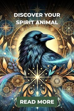 a black bird sitting on top of a blue and gold background with the words, discovering your spirit animal read more