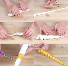 the process of making toothbrush holders with gold and white plastic straws is shown