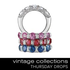 an advertisement for the vintage collection, featuring rings with different colored stones