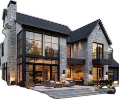 an image of a modern house with large windows and stone exterior, as well as steps leading up to the front door