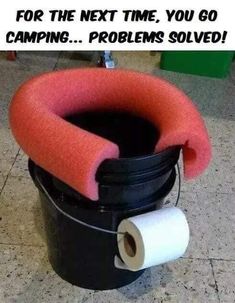 a black bucket with a roll of toilet paper in it that says, for the next time you go camping problems solve