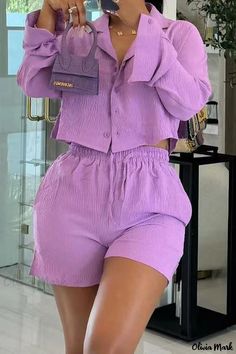 Olivia Mark - Linen Vacation Outfit Casual Two-Piece Set Shirt Set Outfit, Comfortable Travel Outfit, Purple L, Two Piece Short Set, Shorts Sets, Two Piece Jumpsuit, Suits Clothing, Long Sleeve And Shorts, Slim Fit Casual Shirts