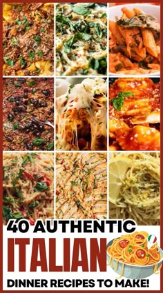 the cover of an italian cookbook with pictures of different dishes and words that read, 40 authentic italian dinner recipes to make