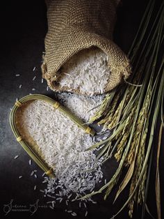 white rice in a bag next to some stalks of grass