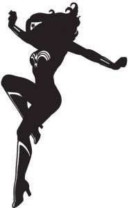 the silhouette of a woman in black and white is dancing with her arms out to the side