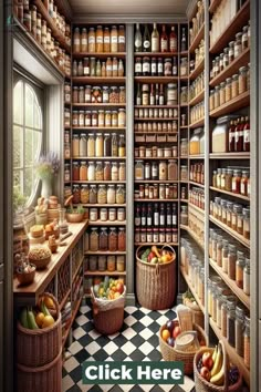 a pantry filled with lots of different types of jars and food in baskets on the shelves