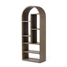 an arch shaped bookcase with shelves on each side and one section open in the middle